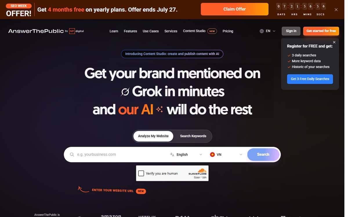 AnswerThePublic homepage (screenshot captured July 2026).