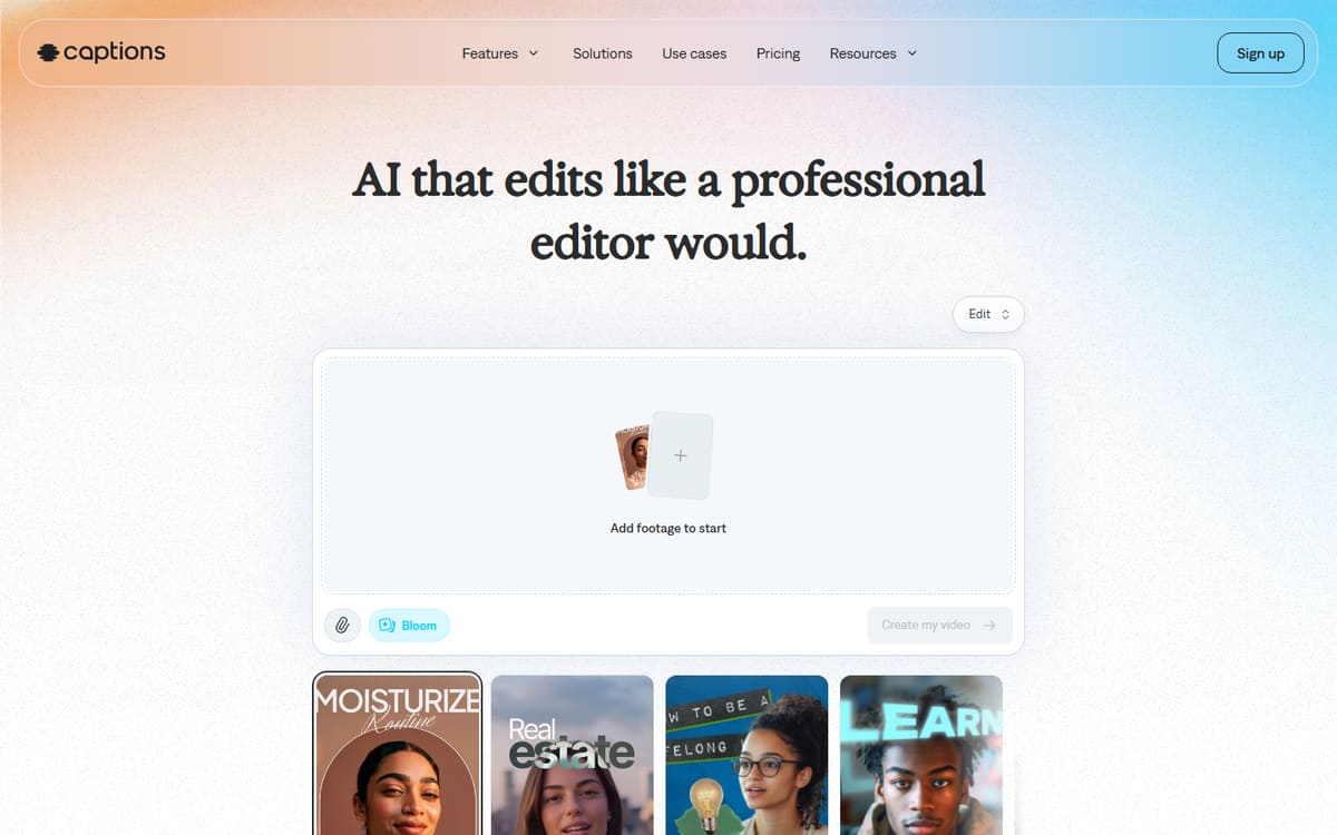 Captions homepage (screenshot captured July 2026).