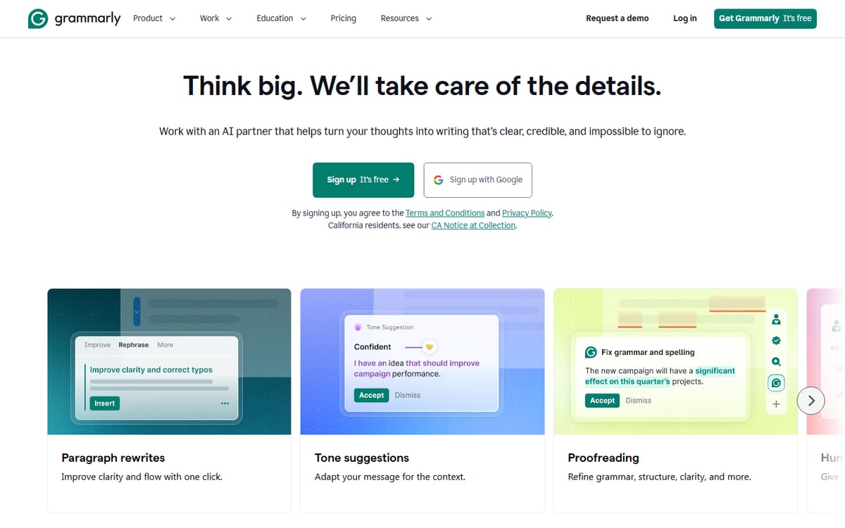Grammarly homepage (screenshot captured July 2026).