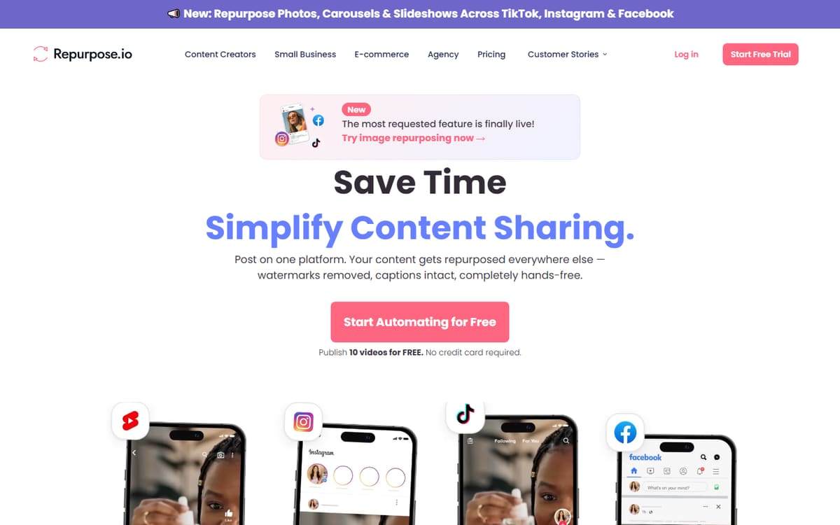 Repurpose.io homepage (screenshot captured July 2026).