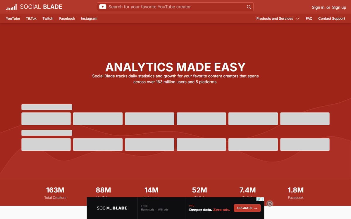 Social Blade homepage (screenshot captured July 2026).